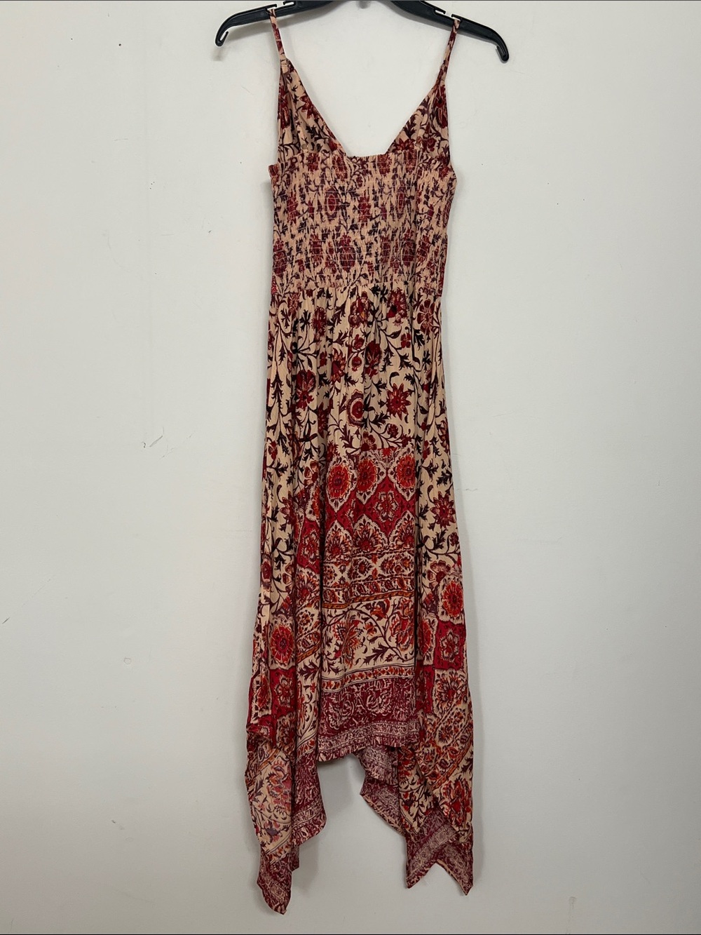 🌞 Angie Bohemian Peach & Burgundy Floral Print spagetti strin maxi dress women S - Picture 15 of 16